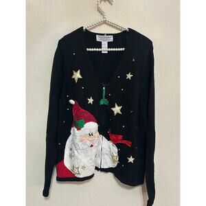 Vintage Christmas Sweater Jacket Black Knit Full Zip